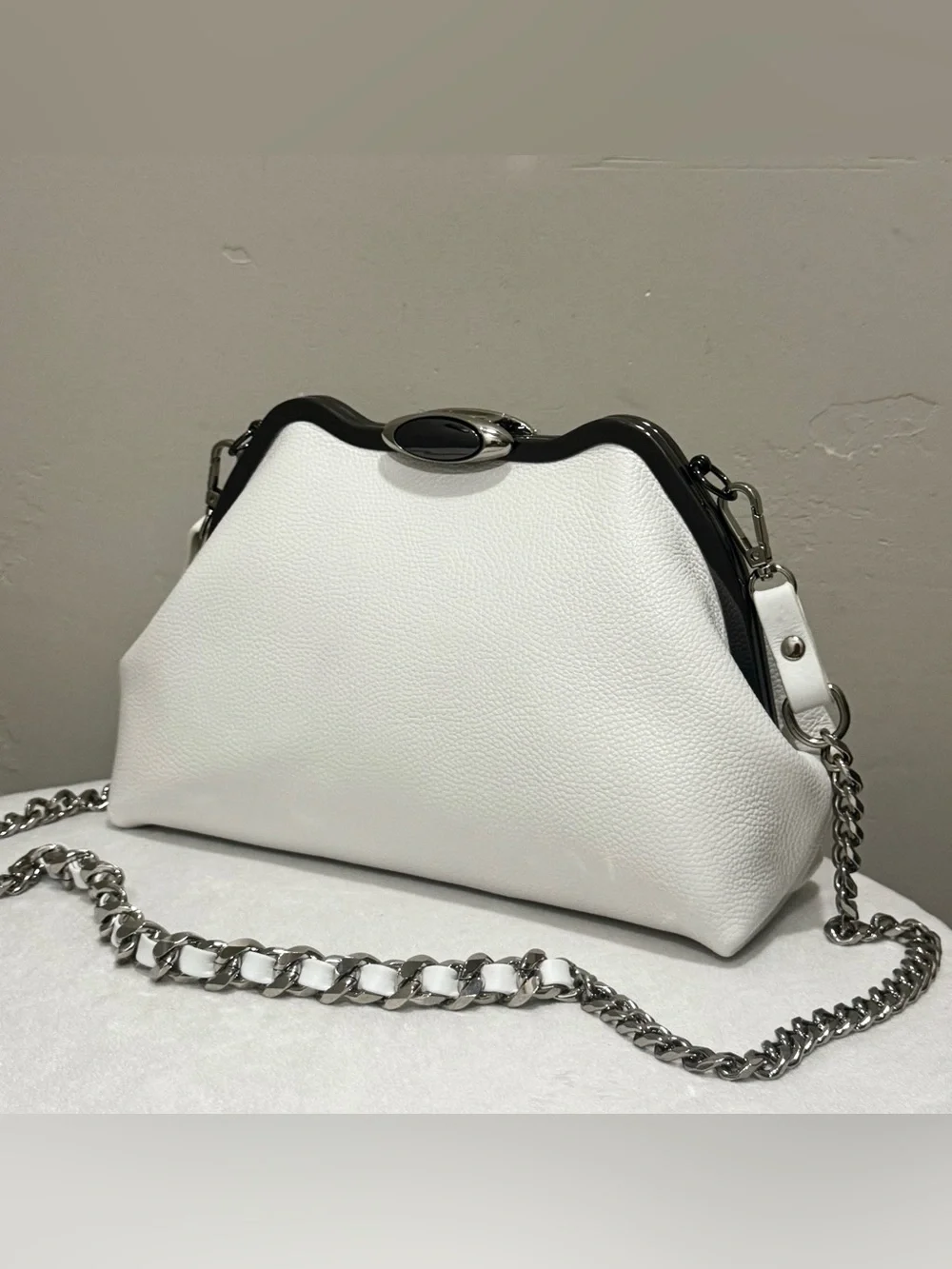 White Pebble Cowhide Handmade Custom Metal Frame Shoulder Bag, With 2 Straps